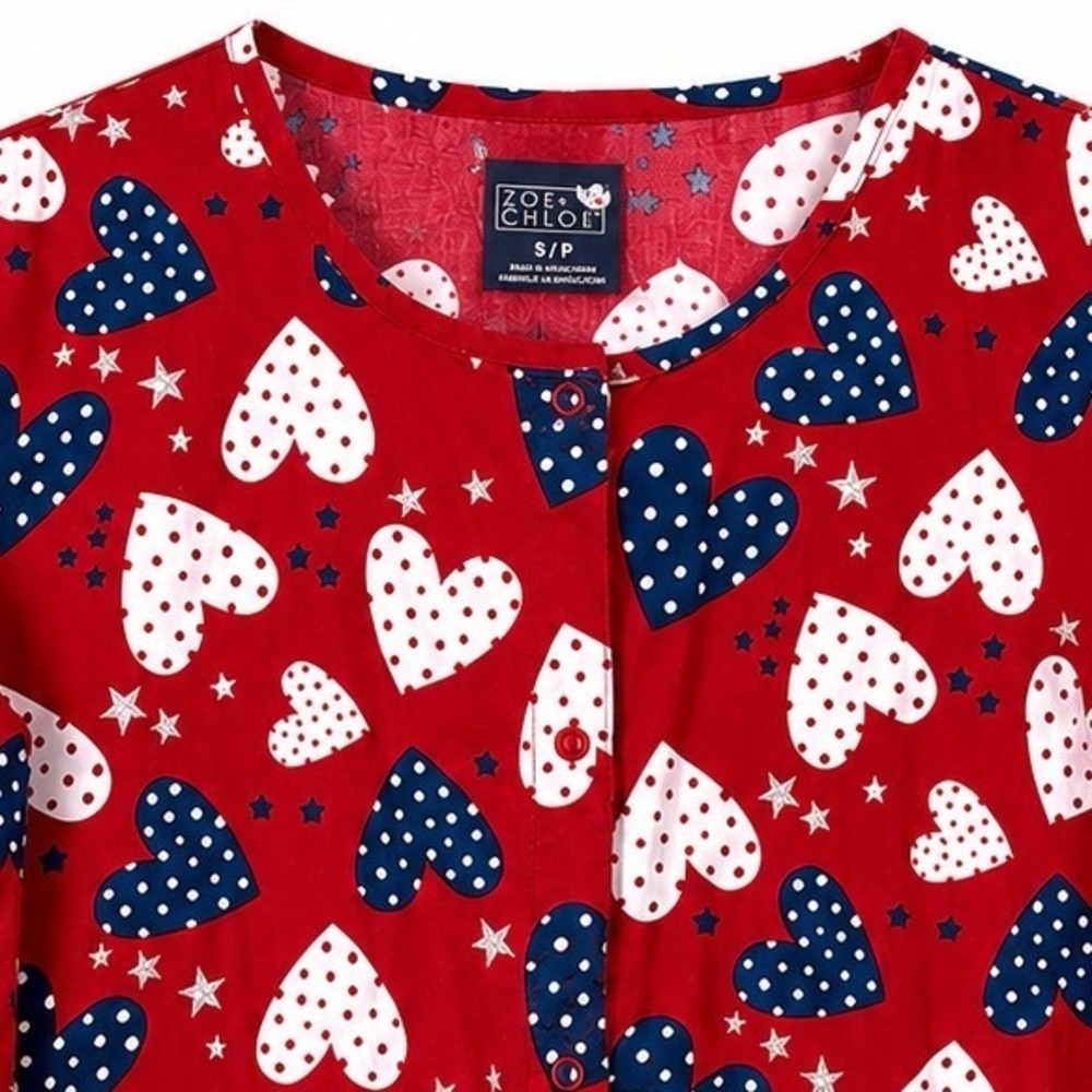 Zoe + Chloe Heart Print Scrub Top Red Navy White Long Sleeve Nurse S Patriotic